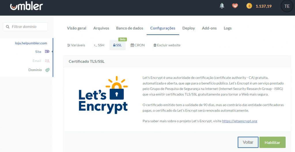 SSL grátis via Let's Encrypt 